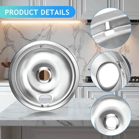 Close-up of Electric Stove Drip Pan Covers Replacement For W10278125 4 Pack displaying 6 and 8 inch nonstick drip trays.