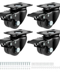 Built Tough Heavy Duty Swivel Casters 1.5 Inch Double Wheel Solid Nylon With Locking Brakes Low Profile Mount Set Of 4 in black with mounting hardware.