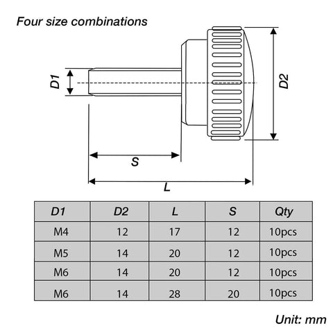 Diagram of Knurled Threaded Thumb Screws Set M4 M5 M6 in 12 and 20mm Lengths Zinc Plated Silver and Black Finish for Machinery and Lathe