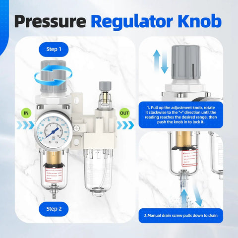 1/4 Inch NPT Air Pressure Regulator Lubricator Combo With Water Separator For Air Compressors, 0-145 Psi Gauge