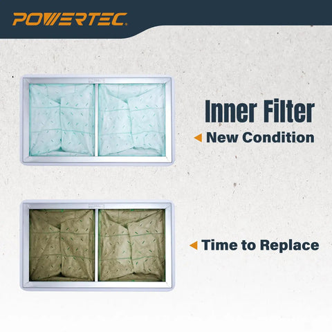 Comparison of clean and used One Micron Inner Air Filter With MERV 11 For WEN And Shop Fox on a textured background