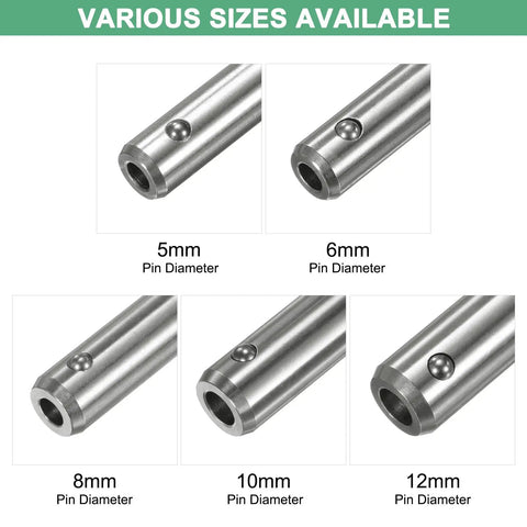 Various sizes available of ball locking pins for fastening and aligning in equipment fixtures, industrial setups, and exercise machines.