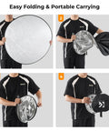 Person demonstrating folding of 32 inch 5 In 1 Light Reflector Kit with collapsible design for studio and outdoor photography.
