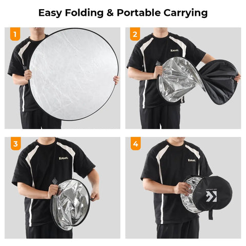 Person demonstrating folding of 32 inch 5 In 1 Light Reflector Kit with collapsible design for studio and outdoor photography.