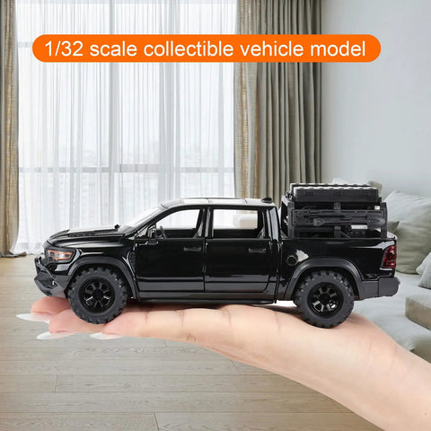 Pickup Truck Diecast Model Car For Kids One Thirty Second Scale With Sound And Light displayed on open hand indoors