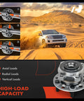 High-load capacity front wheel bearing and hub assembly image with SUV in desert background, highlighting axial, radial, and vertical loads.