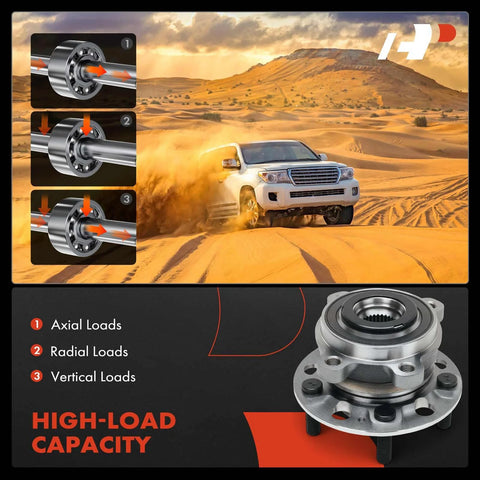 High-load capacity front wheel bearing and hub assembly image with SUV in desert background, highlighting axial, radial, and vertical loads.