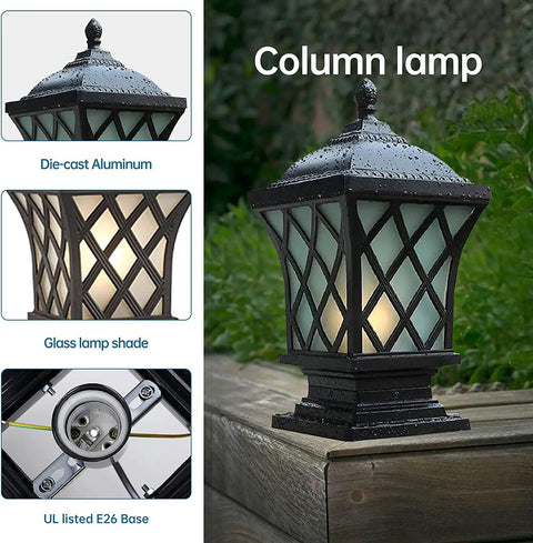 Outdoor Column Light With IP54 Waterproof Rating Glass Shaded Aluminum Post Lamp For Villa Garden Park Lighting Black