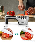 Top Shelf Four Stage Knife Sharpener Kit With Cut Resistant Glove Game Changing Edge Restorer For Quick Daily Kitchen Use And Safer Cutting Work Black Silver Matte Finish Non Slip Base Design used on vegetables with knife slicing.