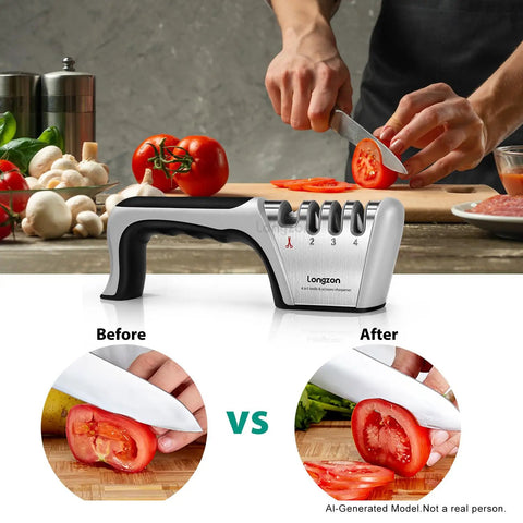 Top Shelf Four Stage Knife Sharpener Kit With Cut Resistant Glove Game Changing Edge Restorer For Quick Daily Kitchen Use And Safer Cutting Work Black Silver Matte Finish Non Slip Base Design used on vegetables with knife slicing.