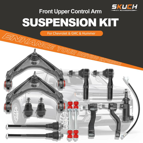 Chevy Front End Suspension Kit 13-Piece With Beefed-Up Control Arms, Ball Joints, Tie Rods, Sway Bar Links, Pitman Arm And Idler Arm For Silverado 2500HD 3500HD 1500HD Suburban Avalanche Yukon XL, shown with control arms and steering parts