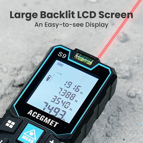 Laser Measuring Tool With 393ft Range, backlit LCD displaying measurements, IP54 waterproof, dual bubble levels visible.