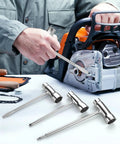 Person using Beefy Rugged All In One Chainsaw Tool Set 3 Pack T Spanner Scrench Kit With Wrench And Screwdriver on chainsaw