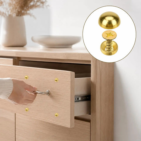 Hella Durable Gold Brass Decorative Screws With Rust Resistant Caps For Super Easy Furniture Upholstery And Mirror Mounting in drawer use.