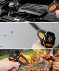 Infrared Thermometer Gun With Adjustable Emissivity And Long Meat Probe used on engine, wall, grill for diverse temperature checks.