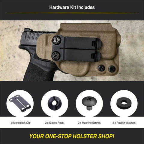 Built Tough As Nails Metal Belt Clip For IWB OWB Concealed Carry Rig And Every Day Sheath With Complete Hardware Kit In Clean Dark Gray Tone Crafted Stateside, showing heavy duty metal clip on holster.