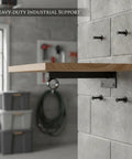 Heavy Duty Wall Mount Shelf Bracket With Ring For Pipe Or Wood Shelving, Black Finish, 7.9 Inch Depth on cinder block wall
