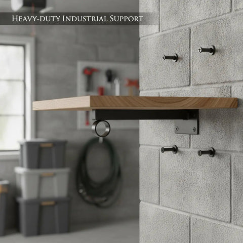 Heavy Duty Wall Mount Shelf Bracket With Ring For Pipe Or Wood Shelving, Black Finish, 7.9 Inch Depth on cinder block wall