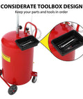Sierra Squad 20 Gallon Waste Oil Drain Tank with toolbox design, sturdy red body and tools organized in black tray for garage use.