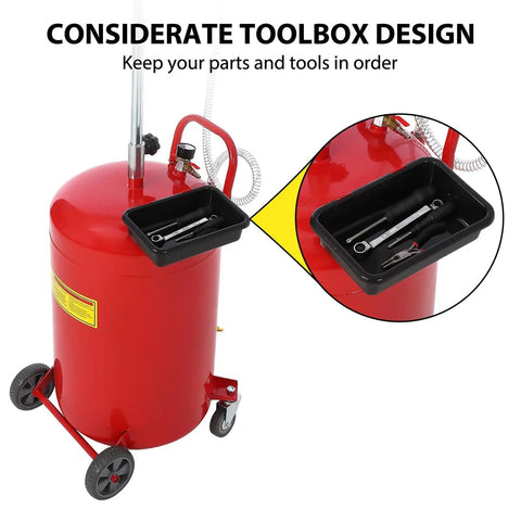 Sierra Squad 20 Gallon Waste Oil Drain Tank with toolbox design, sturdy red body and tools organized in black tray for garage use.