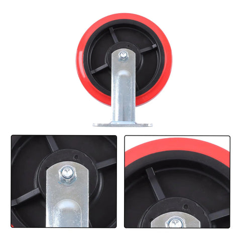 Heavy Eight Inch Swivel Caster Wheels Four Pack Premium Polyurethane Treads Non Marking Silent Glide close-up view of caster wheel and plate.