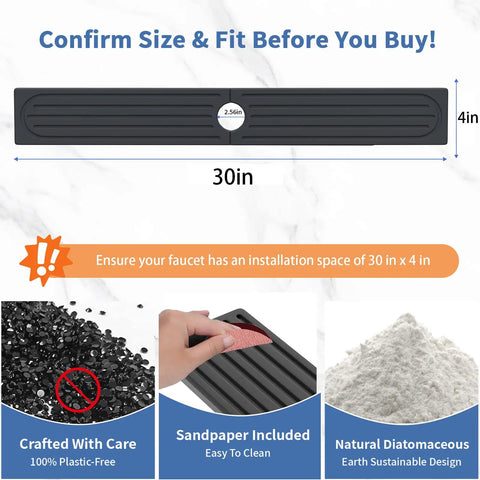 Premium Stone Faucet Mat For Kitchen Sink Heavy Duty Water Absorbing Splash Guard Fast Drying Countertop Protector 30in x 4in size with sandpaper.