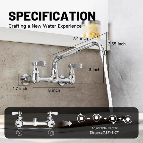 Wall Mount Kitchen Faucet For Utility Sink With 8 Inch Swivel Gooseneck Spout 8 Inch Center 2 Handle Pro Grade Heavy Duty Commercial Sink Faucet For Laundry And Restaurant Chrome Finish showcasing dimensions and installation diagram.