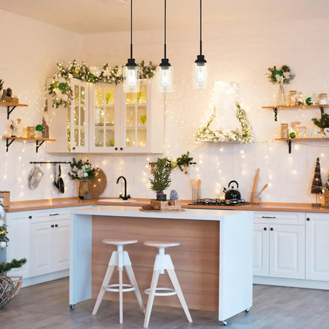 Modern kitchen with pendant lights featuring Clear Lipless Glass Lamp Shade Cylindrical Light Cover With Fitter Opening