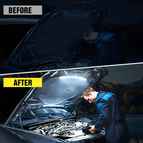 Mechanic using 2 Pack Underhood LED Light Strips Waterproof 42LED 40cm Engine Bay Work Light With On/Off Switch 6000K White for repair