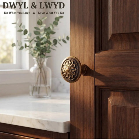 Antique Brass Cabinet Knobs 10 Pack Tough As Nails Heavy Duty Zinc Alloy Round 1.4 Inch Dia Kitchen Cabinet Handles installed on wood