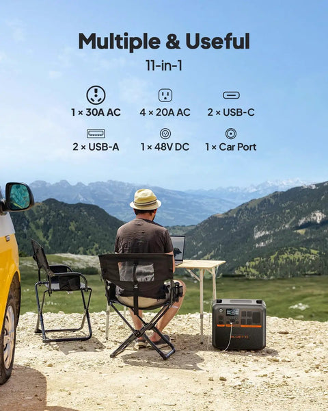 Person using Portable Solar Generator Kit With 2304Wh LFP Battery in mountain setting, ideal for off-grid camping.