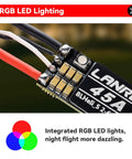 Set Of Four 45A Brushless ESCs For 2S To 6S LiPo With BLHeliS DShot 150 300 600 RGB LED, close-up of one ESC showing RGB lighting.