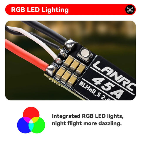 Set Of Four 45A Brushless ESCs For 2S To 6S LiPo With BLHeliS DShot 150 300 600 RGB LED, close-up of one ESC showing RGB lighting.