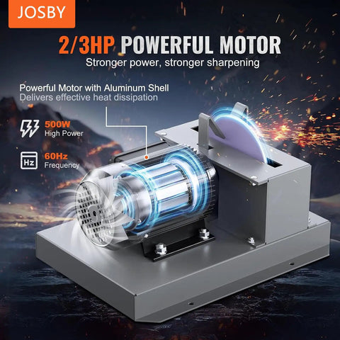 Keep Your Lawn Sharp Without Any Sweat Using This Heavy Duty Bench Grinder Featuring A Rock Solid 500 Watt Motor And Tough Ceramic Cutting Discs For High Lift Low Lift And Flat Mower Blades showing 500W motor.