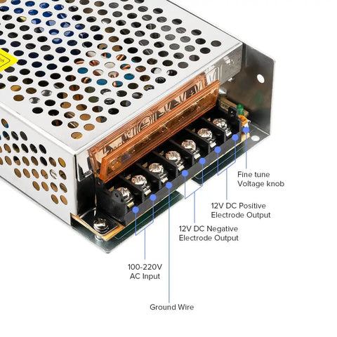 AC 100 to 240V to DC 12V 16.5A 198W Switching Power Supply Converter with terminals and adjustable voltage knob.