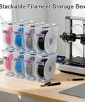 Stackable filament storage box for PLA, ABS, PETG, featuring moisture-proof dry box 4 pack with reusable silica gel desiccants.