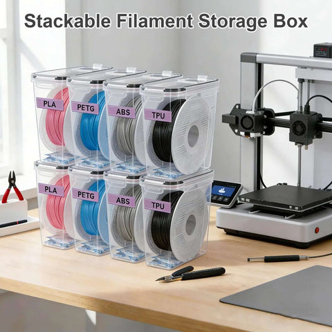 Stackable filament storage box for PLA, ABS, PETG, featuring moisture-proof dry box 4 pack with reusable silica gel desiccants.