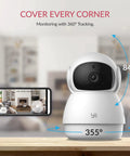 Pan Tilt 360 Degree Indoor Security Camera With Night Vision 1080p Pet Cam For Dogs And Cats 2 Way Audio Motion Detection Phone App Control Works With Alexa And Google Assistant displayed with mobile app interface