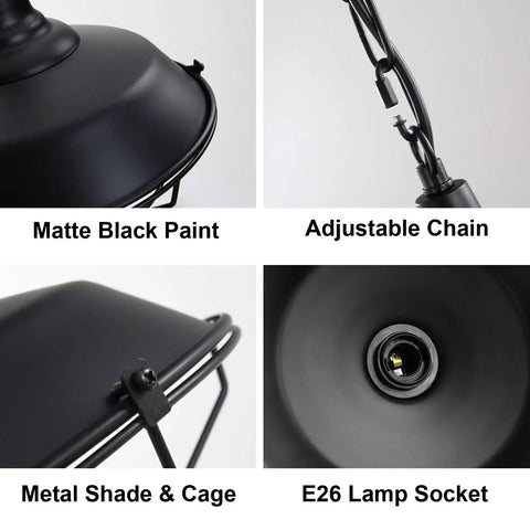 Black Farmhouse Pendant Light Dope Two Pack Industrial Vintage Hanging Lights with wire cage and E26 socket details.