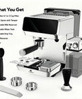 Kickstart Your Daily Grind With This Barista Quality Espresso Machine Featuring An Automatic Milk Frother And Rapid Heat Extraction Through Intuitive Touch Controls For Hella Smooth Lattes. Includes portafilter, coffee spoon, and removable tanks.
