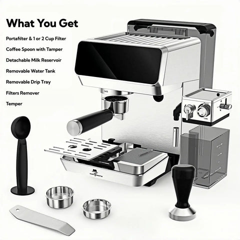 Kickstart Your Daily Grind With This Barista Quality Espresso Machine Featuring An Automatic Milk Frother And Rapid Heat Extraction Through Intuitive Touch Controls For Hella Smooth Lattes. Includes portafilter, coffee spoon, and removable tanks.