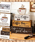 4 Piece Wooden Coffee Bar Decor Set With Rustic Signs For Tiered Tray Farmhouse Coffee Station Table Centerpiece display with stacked wood signs and coffee images.