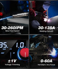 Close-up of 135A MIG Welder Workhorse With 110V Power And Large LED Display, showing wire feed speed, welding current, and controls.