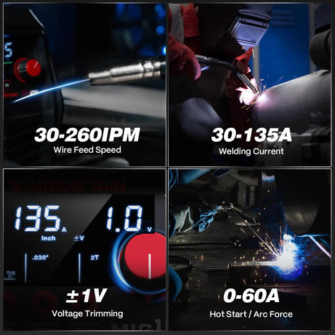 Close-up of 135A MIG Welder Workhorse With 110V Power And Large LED Display, showing wire feed speed, welding current, and controls.