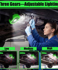Mechanic uses Three Pack 780 Lumen Magnetic USB Rechargeable LED Work Light for Car Repair and Workshop Portable Inspection Flashlight.