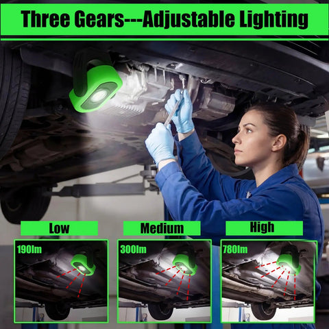 Mechanic uses Three Pack 780 Lumen Magnetic USB Rechargeable LED Work Light for Car Repair and Workshop Portable Inspection Flashlight.