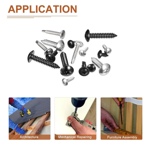 Various sizes of self-tapping screws with mixed finishes for architecture, mechanical repairing, and furniture assembly applications.