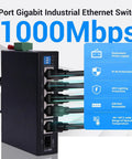 Rugged 4 Port Gigabit Industrial Ethernet Switch With SFP Uplink and RJ45, cables connected, DIN rail mount, blue info box