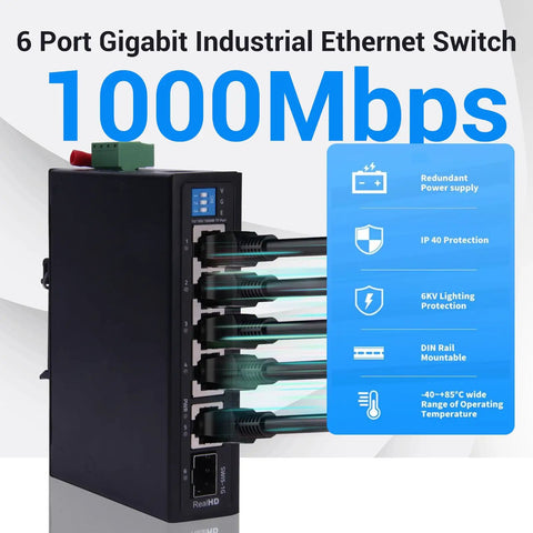 Rugged 4 Port Gigabit Industrial Ethernet Switch With SFP Uplink and RJ45, cables connected, DIN rail mount, blue info box