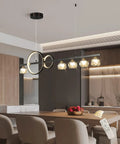 Lit Modern LED Chandelier With Remote 40W Black Five Light Linear Pendant with Crystal Lampshade in kitchen dining area